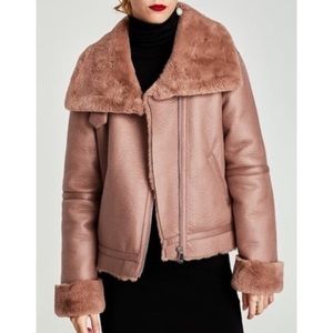 Zara Dusty Pink Faux Fur Bomber Moto Jacket